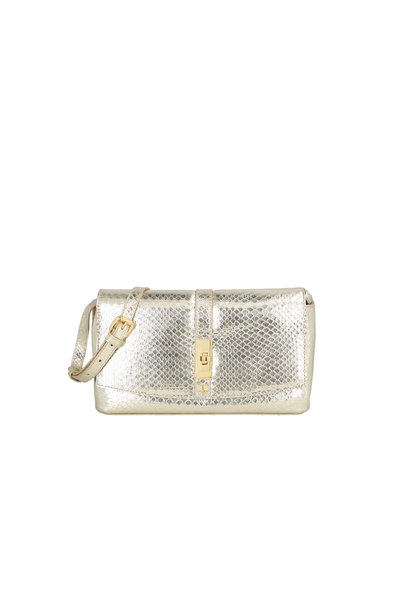 BOLSA CLUTCH PEQUENA EM COURO METALIZADO COBRA DOURADO