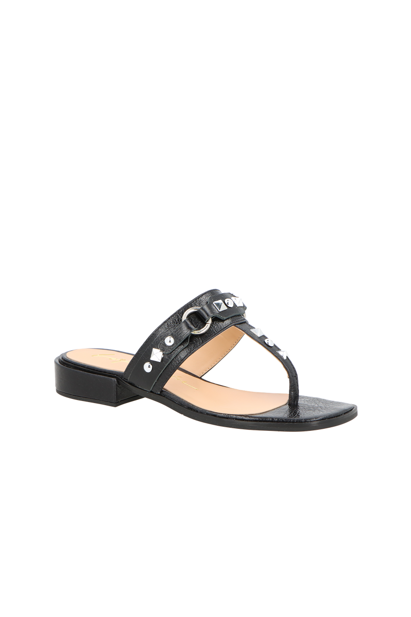 SANDÁLIA DE DEDO EM COURO PRETO COM APLICAÇÕES METÁLICAS