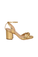 SANDÁLIA SALTO BLOCO MÉDIO EM METALIZADO OURO COM TIRAS FINAS CRUZADAS