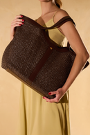 BOLSA SHOPPING GRANDE EM COURO E RÁFIA MARROM CAFÉ