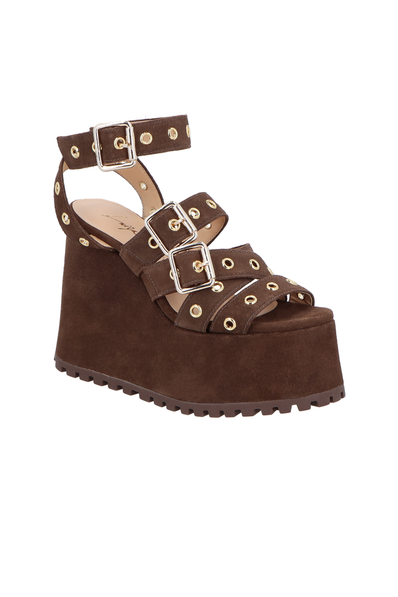 SANDÁLIA PLATAFORMA DE CAMURÇA MARROM CAFÉ E ILHOSES