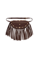 BOLSA PEQUENA EM COURO MARROM CAFÉ COM FRANJAS E APLICAÇÕES METÁLICAS