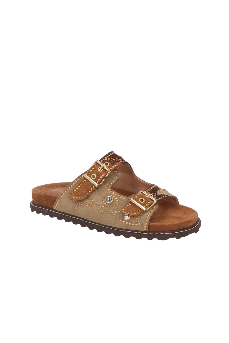 PAPETE EM CAMURÇA BEGE FENDI COM FIVELAS E APLICAÇÕES