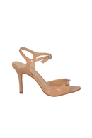 SANDÁLIA SALTO FINO ALTO EM VERNIZ BEGE BLUSH COM FIVELA DE CRISTAIS