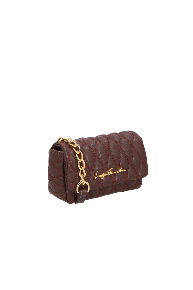 BOLSA CROSSBODY EM COURO CAFÉ COM CORRENTE PEQUENA