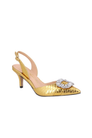 SCARPIN DE SALTO MÉDIO EM COURO COBRA METAL DOURADO COM CRISTAIS