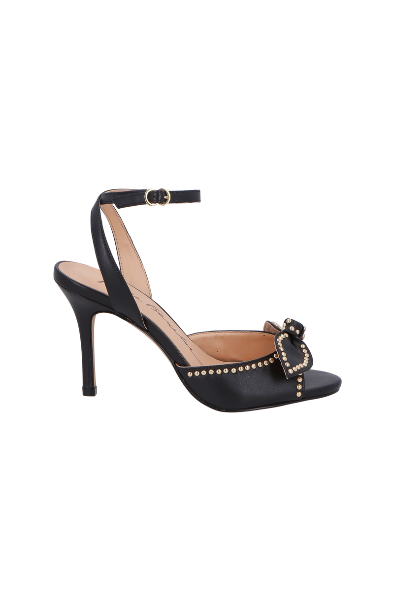 SANDÁLIA EM COURO PRETO COM LAÇO E SALTO ALTO FINO