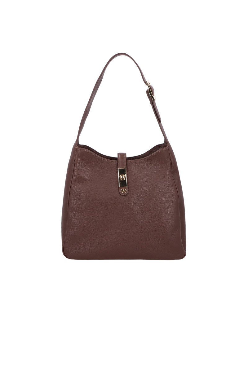 BOLSA MÉDIA EM COURO CAFÉ COM FECHO METÁLICO