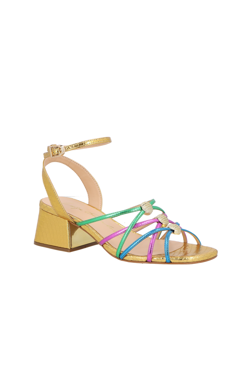 SANDÁLIA DE SALTO BLOCO MÉDIO EM COURO DOURADO COM TIRAS MULTICOLOR
