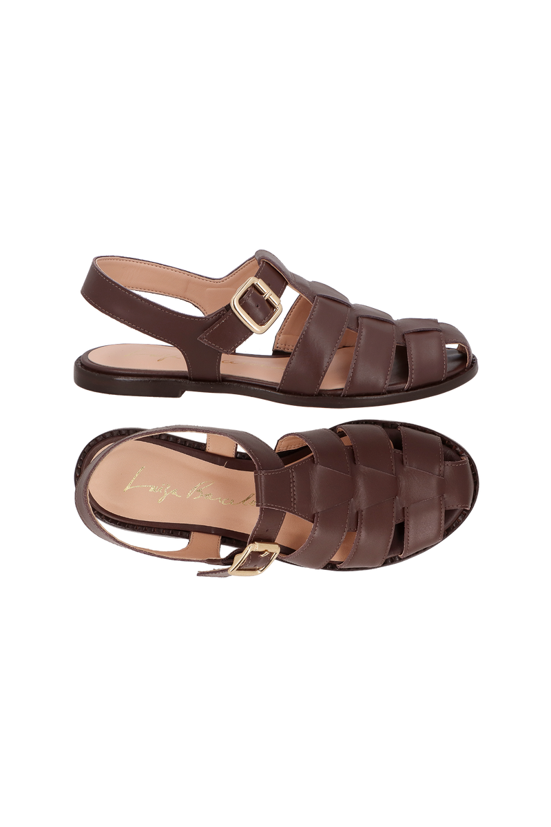 SANDÁLIA EM COURO MARROM CAFÉ COM TIRAS ENTRELAÇADAS