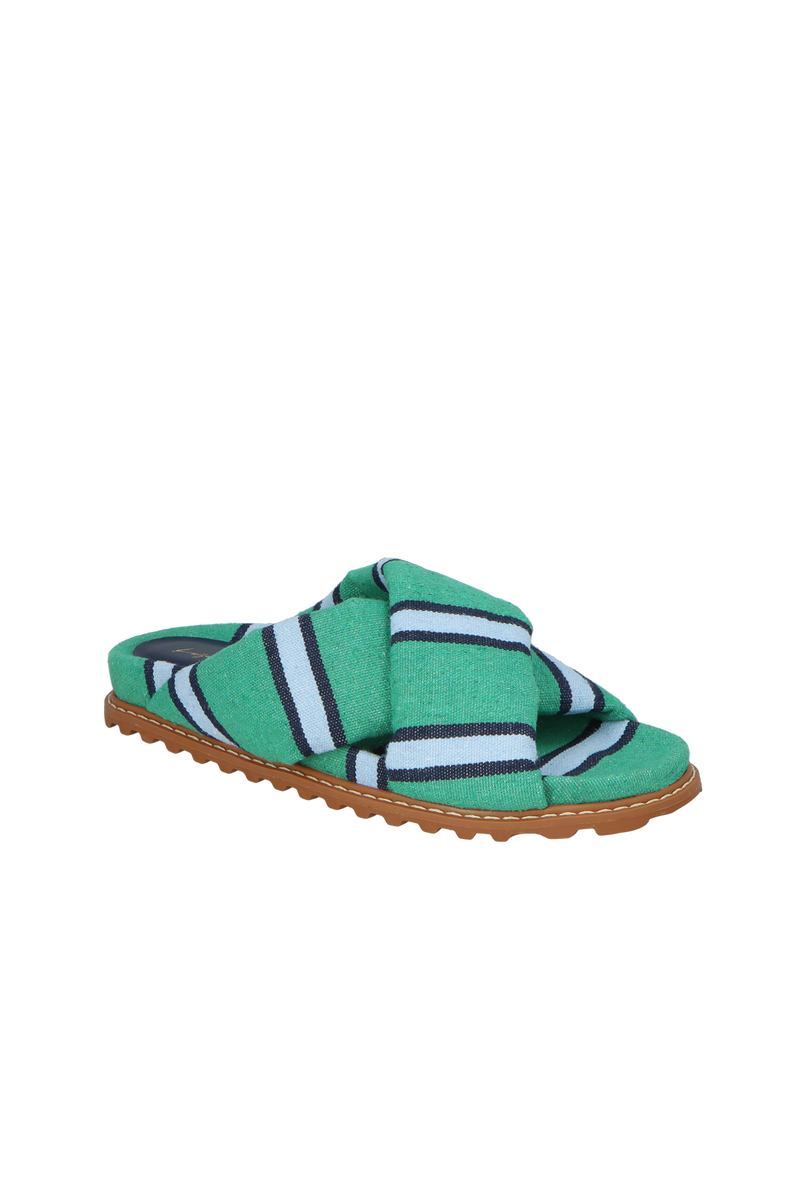 SANDÁLIA PAPETE EM LONA LISTRADA VERDE E AZUL COM TIRAS ACOLCHOADAS