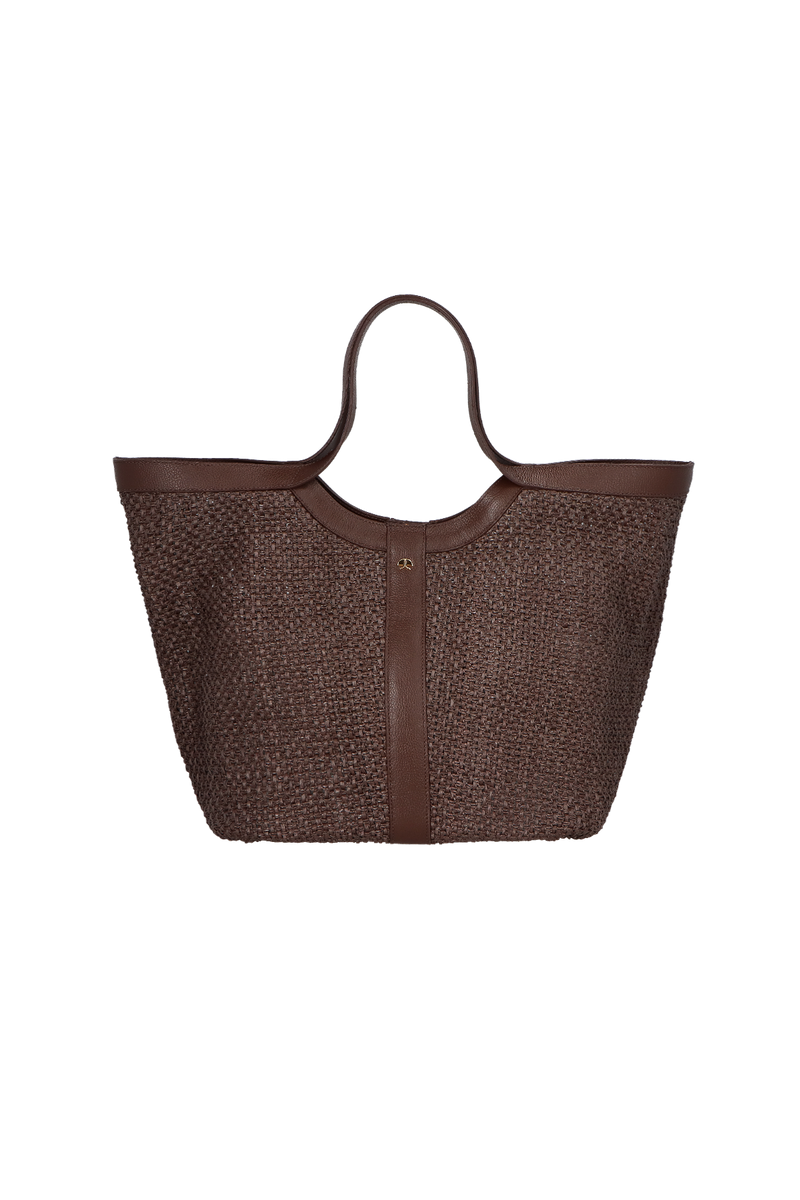 BOLSA SHOPPING GRANDE EM COURO E RÁFIA MARROM CAFÉ