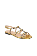 SANDÁLIA RASTEIRA DE TIRAS EM COURO METALIZADO OURO COM PEDRAS MULTICOLORIDAS