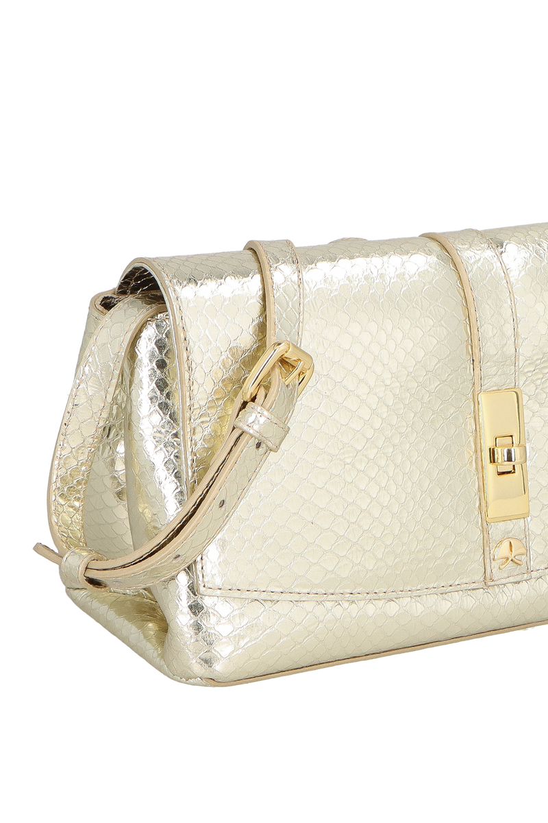 BOLSA CLUTCH PEQUENA EM COURO METALIZADO COBRA DOURADO