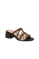 SANDÁLIA EM COURO PRETO E PALHA COM SALTO BLOCO MÉDIO