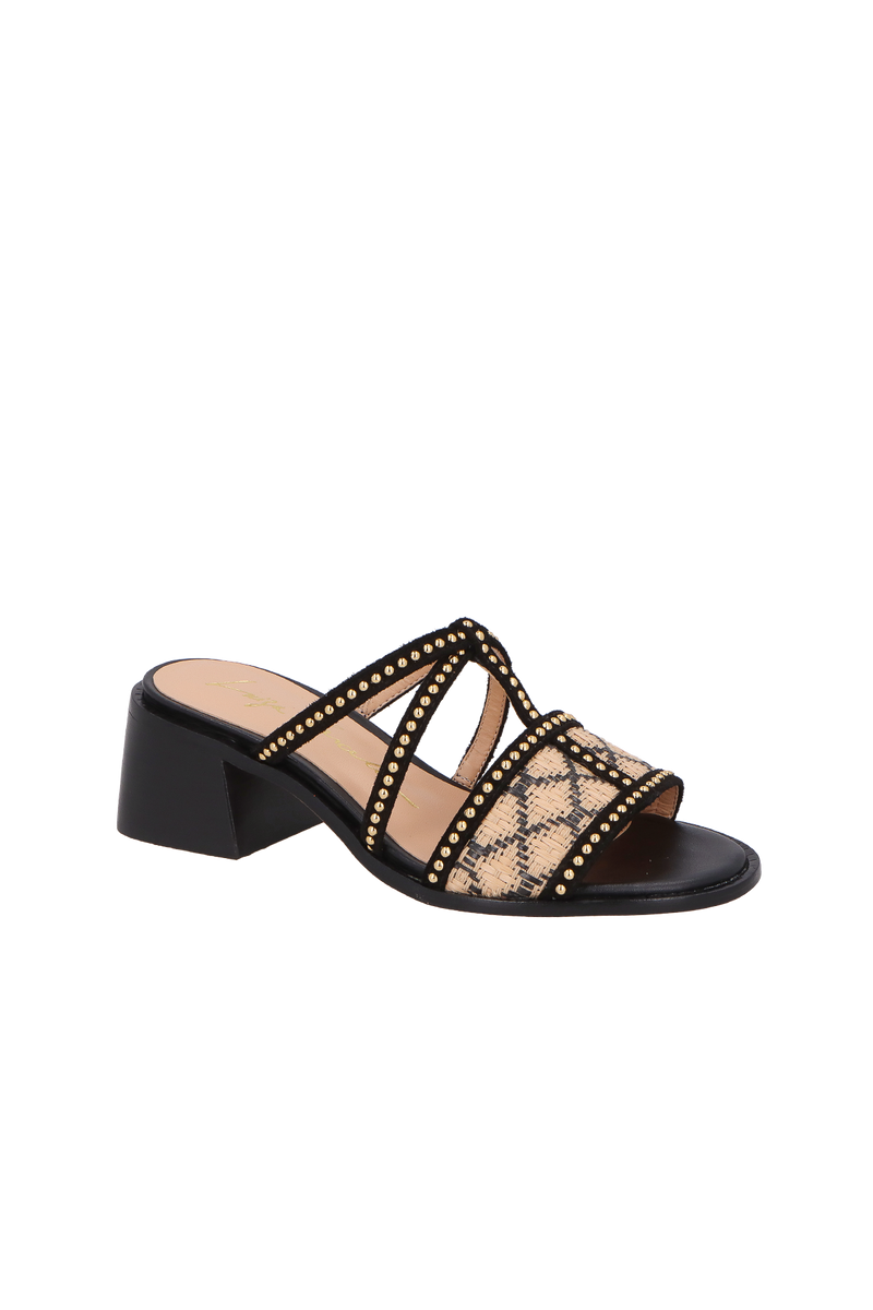 SANDÁLIA EM COURO PRETO E PALHA COM SALTO BLOCO MÉDIO