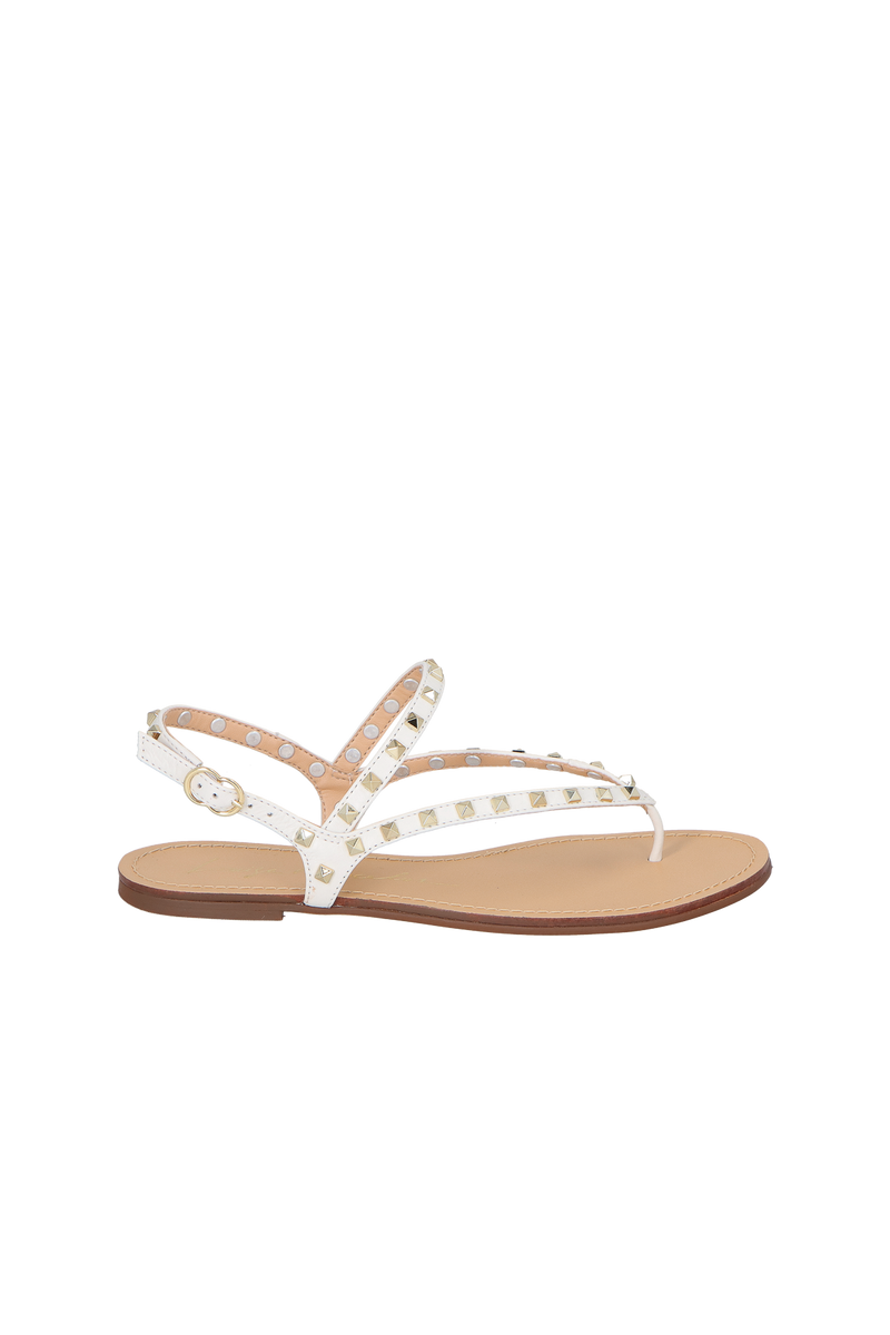 SANDÁLIA RASTEIRA EM COURO OFF WHITE COM TACHINHAS DOURADAS