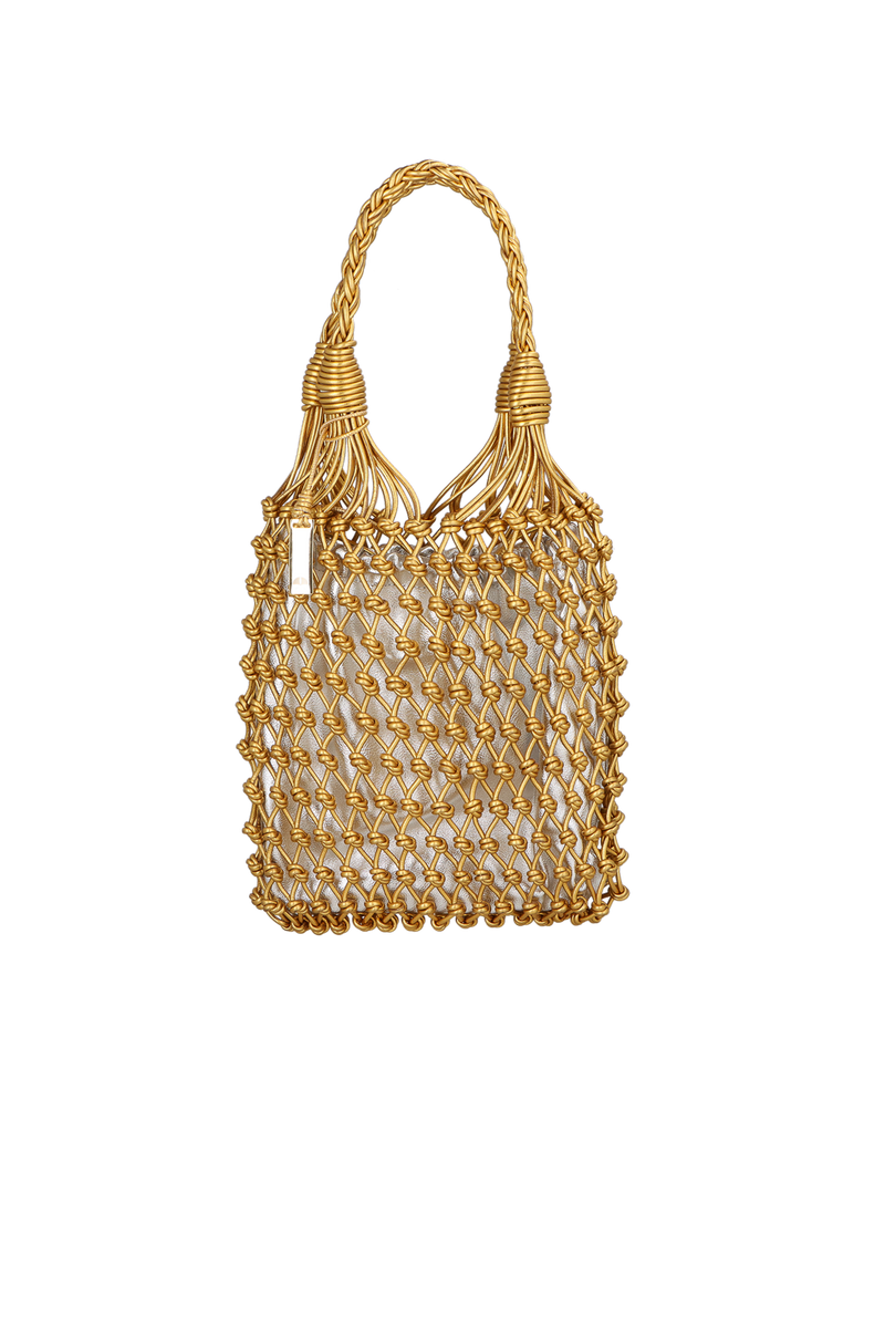 BOLSA MÉDIA TRAMADA EM COURO METALIZADO OURO E PRATA