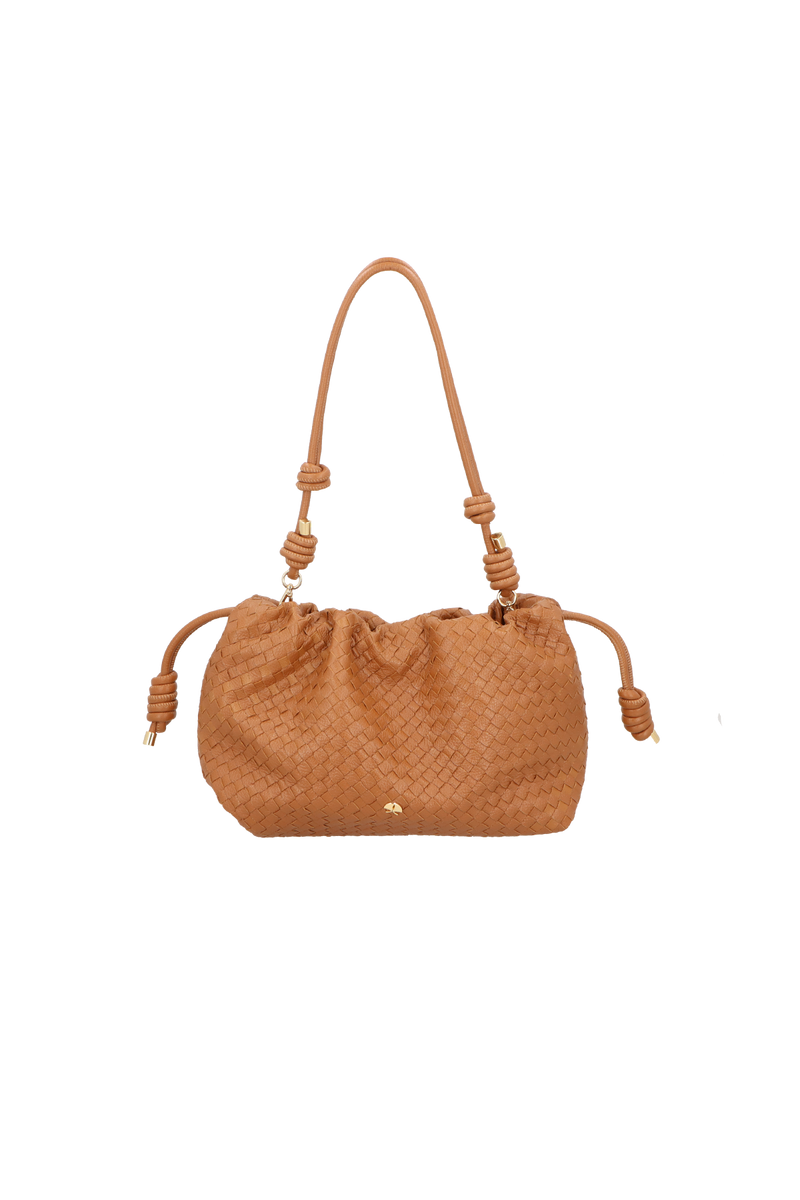 BOLSA MÉDIA EM COURO CARAMELO COM ALÇA DE NÓS