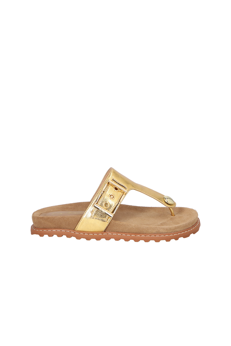 SANDÁLIA PAPETE DE DEDO EM METALIZADO OURO COM FIVELA