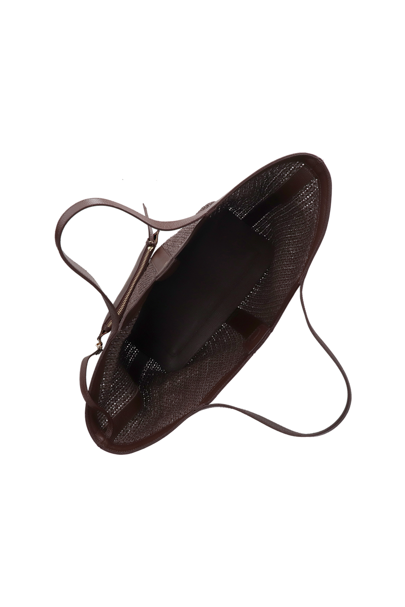 BOLSA SHOPPING GRANDE EM COURO E RÁFIA MARROM CAFÉ