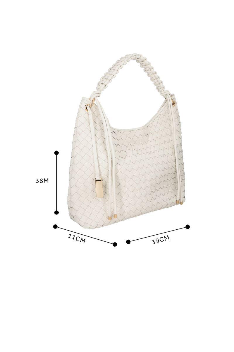 BOLSA GRANDE EM COURO OFF WHITE TRAMADO COM ALÇA EM ROLOTÊ