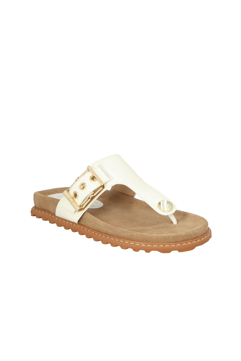 SANDÁLIA PAPETE DE DEDO EM VERNIZ OFF WHITE COM FIVELA