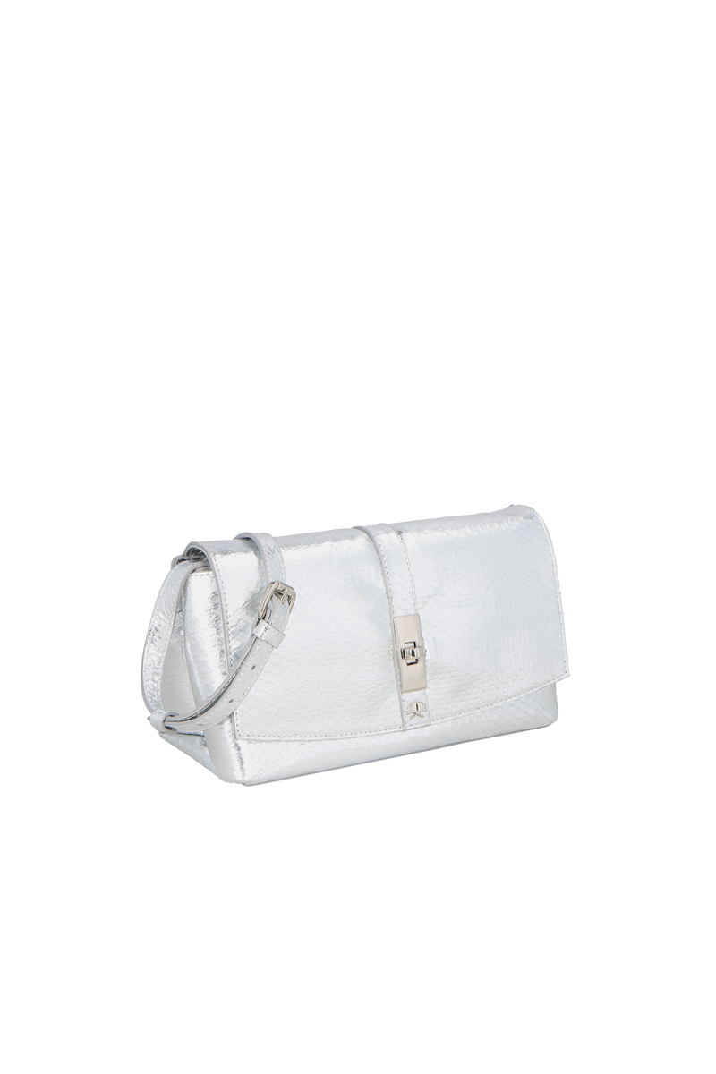 BOLSA CLUTCH PEQUENA EM COURO METALIZADO COBRA PRATA