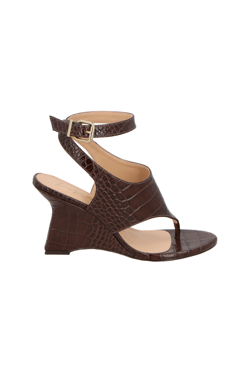SANDÁLIA ANABELA DE DEDO EM COURO CROCO CAFÉ