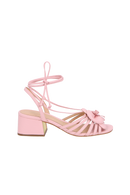 SANDÁLIA EM COURO ROSA GLACÊ COM FLOR E AMARRAÇÃO