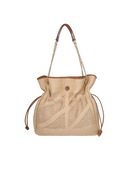 BOLSA GRANDE EM PALHA BEGE AREIA E COURO CARAMELO COM ALÇAS DE CORRENTE