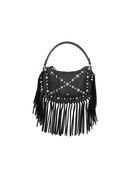 BOLSA MÉDIA EM COURO PRETO COM FRANJAS E APLICAÇÕES METÁLICAS