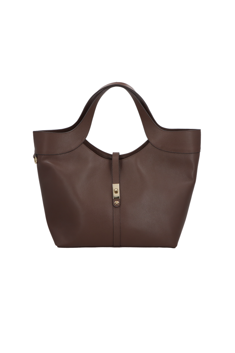 BOLSA GRANDE EM COURO MARROM CAFÉ COM FECHO DOURADO