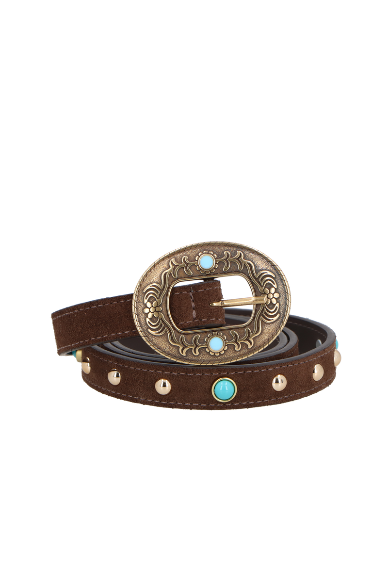 CINTO FINO EM CAMURÇA CAFÉ COM FIVELA EM OURO VELHO