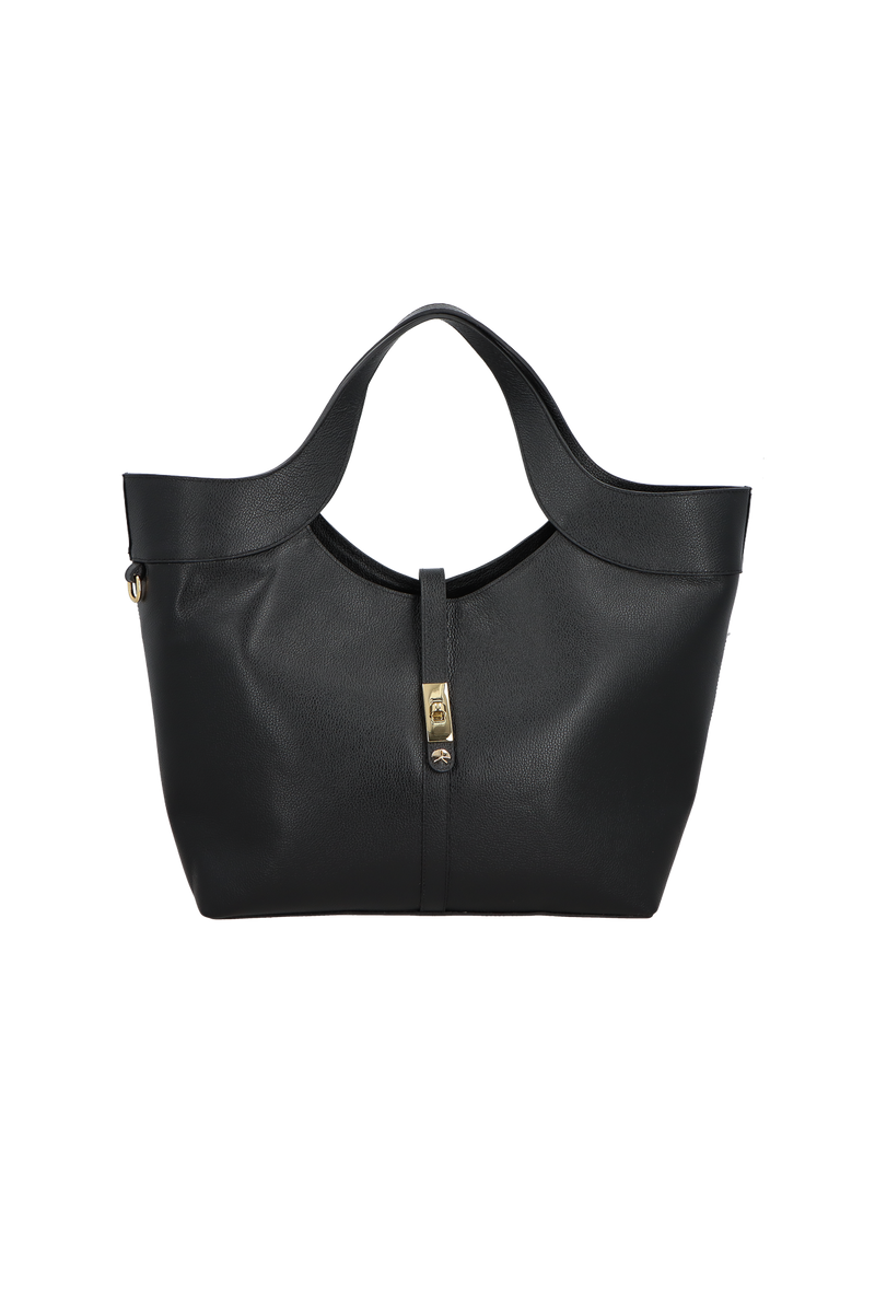 BOLSA GRANDE EM COURO PRETO COM FECHO DOURADO