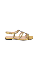 SANDÁLIA RASTEIRA DE TIRAS EM COURO METALIZADO OURO COM PEDRAS MULTICOLORIDAS