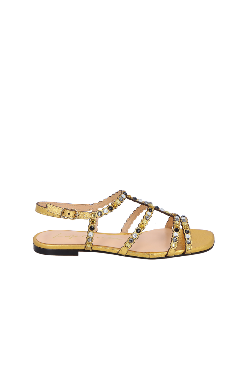 SANDÁLIA RASTEIRA DE TIRAS EM COURO METALIZADO OURO COM PEDRAS MULTICOLORIDAS