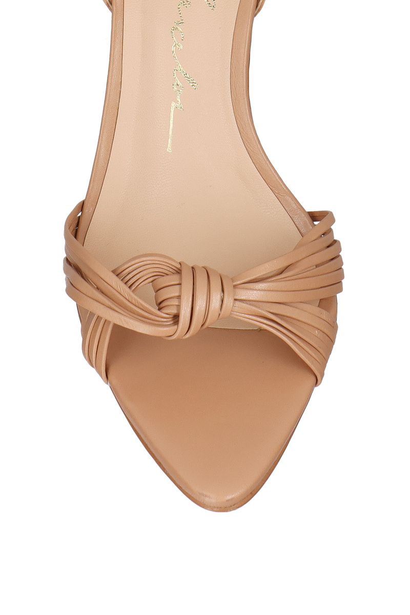 SANDÁLIA SALTO FINO ALTO EM COURO BEGE BLUSH COM TIRAS FINAS CRUZADAS