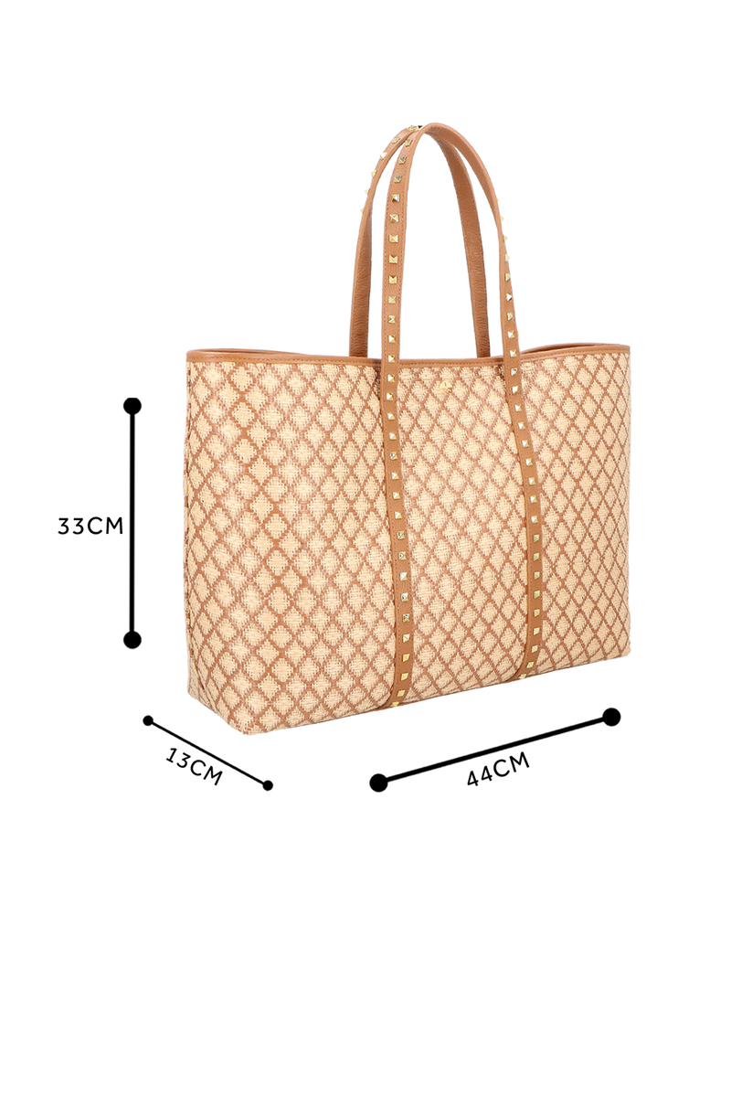 BOLSA SHOPPING GRANDE EM COURO CARAMELO E PALHA COM REBITES