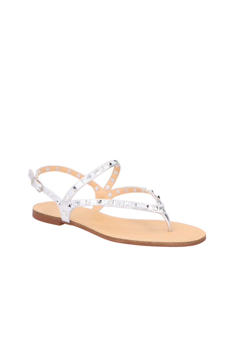 SANDÁLIA RASTEIRA EM COURO PRATA COM TACHINHAS