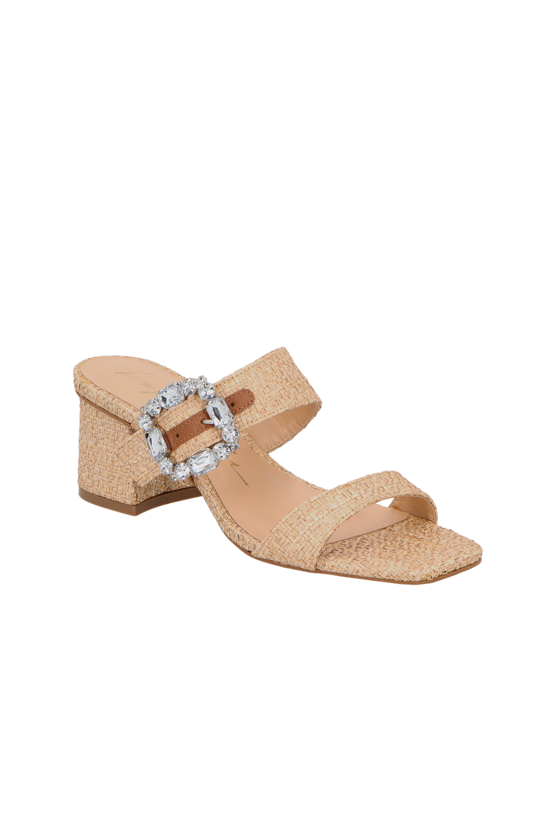 SANDÁLIA COM SALTO BLOCO MÉDIO EM PALHA NATURAL E FIVELA DE CRISTAL
