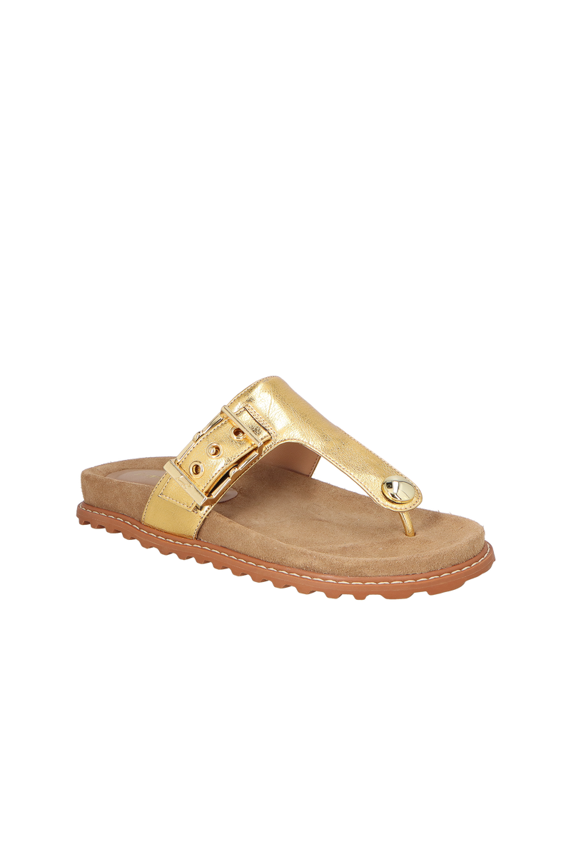 SANDÁLIA PAPETE DE DEDO EM METALIZADO OURO COM FIVELA