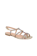 SANDÁLIA RASTEIRA DE TIRAS EM COURO METALIZADO DOURADO COM PEDRAS MULTICOLORIDAS