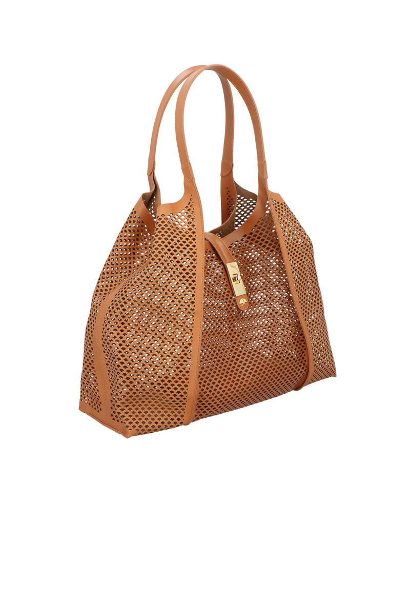 BOLSA TOTE GRANDE EM COURO CARAMELO COM RECORTES