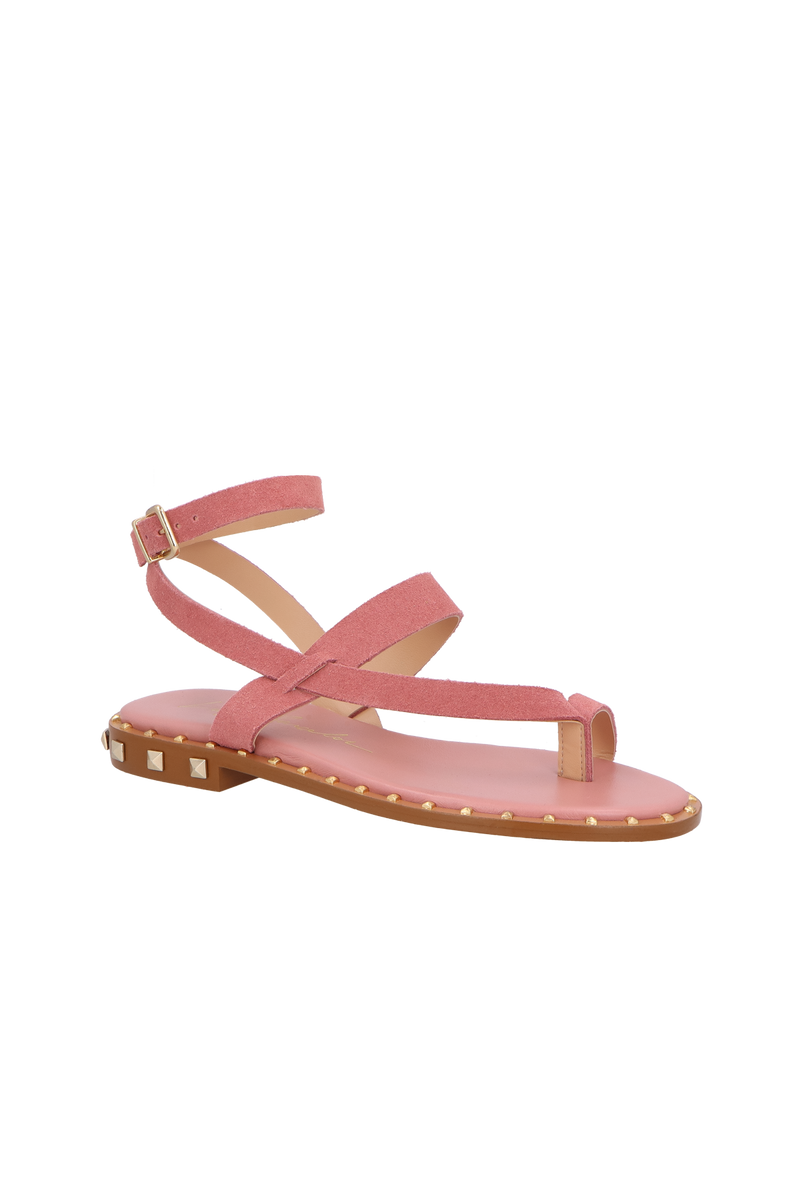 RASTEIRA DE DEDO EM CAMURÇA ROSA QUARTZO COM TIRAS CRUZADAS E TACHAS