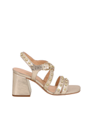 SANDÁLIA DOURADA COM SALTO BLOCO ALTO E TACHAS