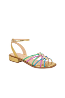 SANDÁLIA RASTEIRA EM COURO DOURADO COM TIRAS MULTICOR