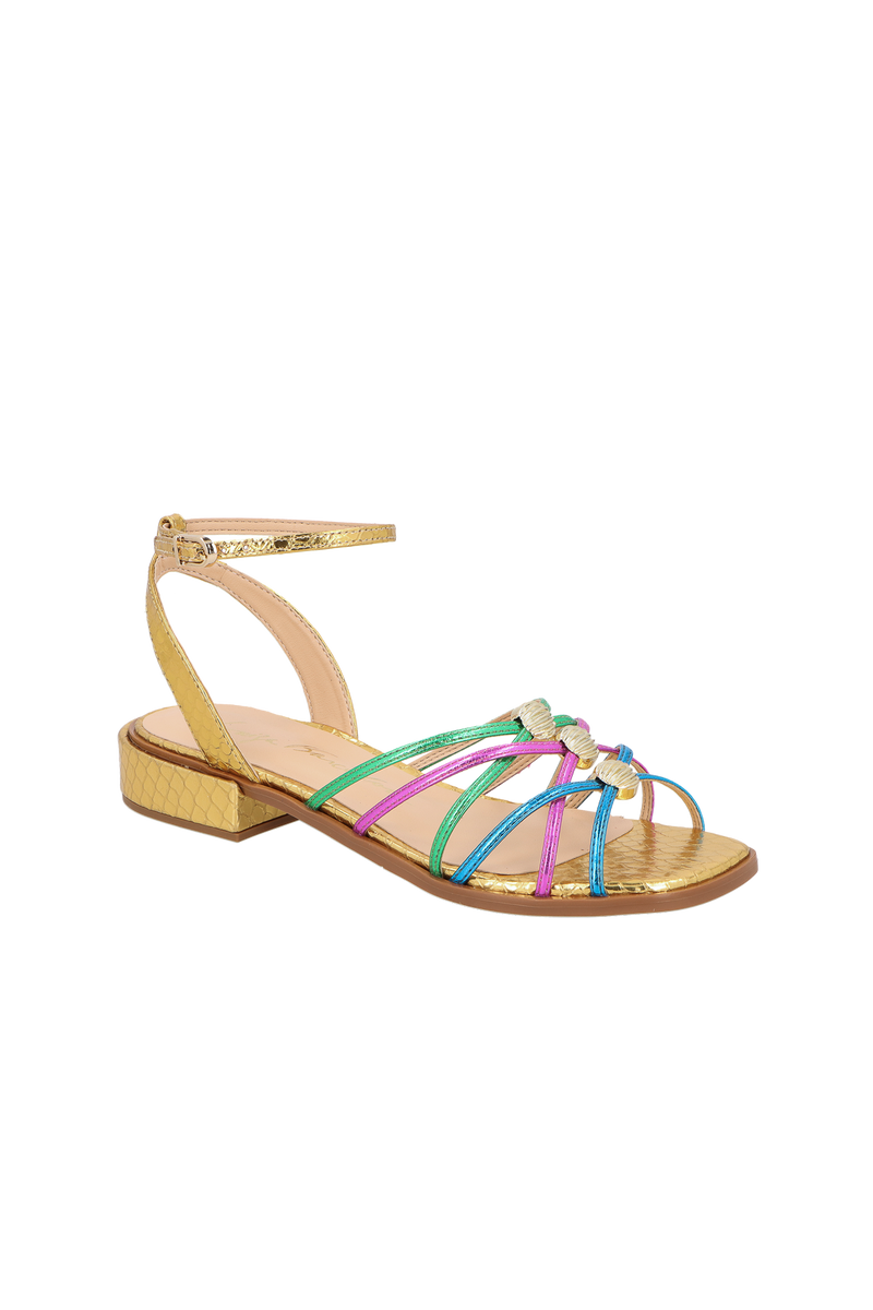 SANDÁLIA RASTEIRA EM COURO DOURADO COM TIRAS MULTICOR