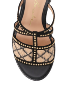 SANDÁLIA EM COURO PRETO E PALHA COM SALTO BLOCO MÉDIO