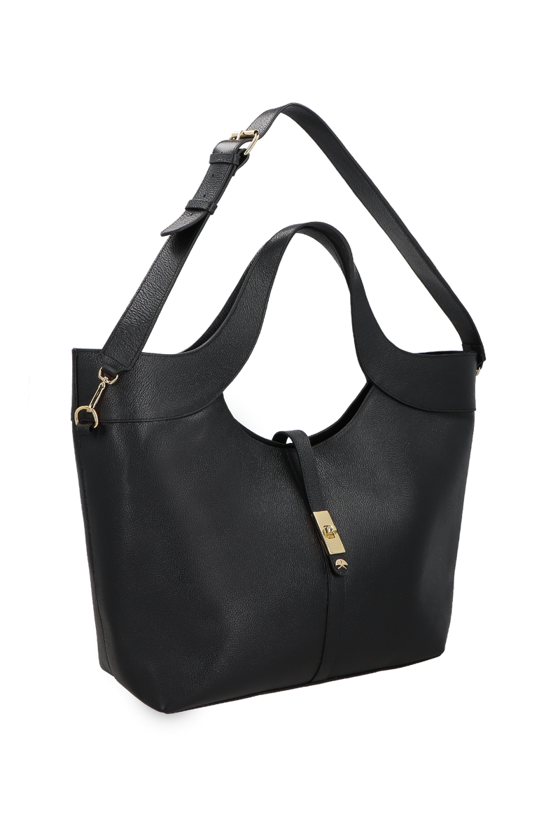 BOLSA GRANDE EM COURO PRETO COM FECHO DOURADO